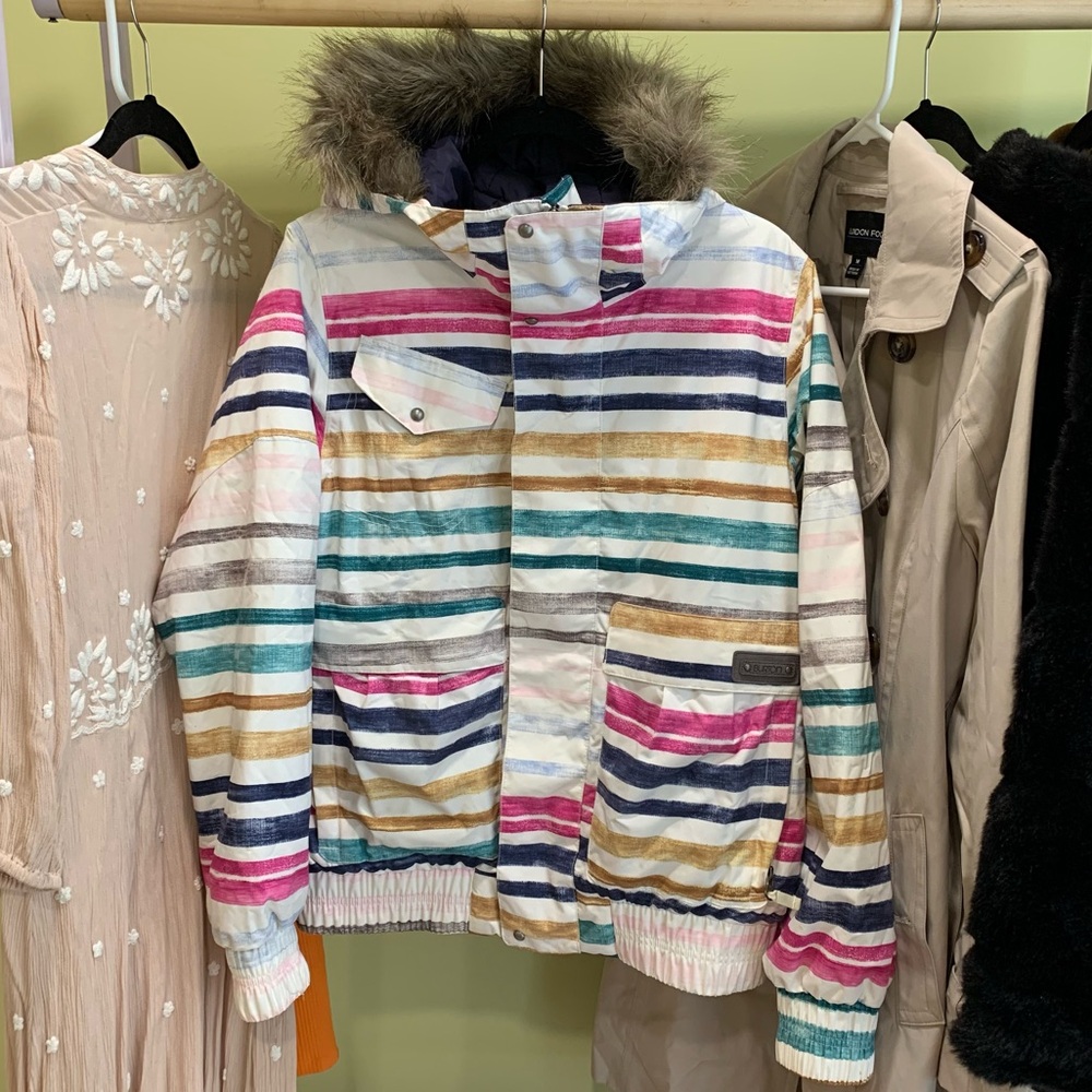 Burton Striped Dryride snowboarding jacket with faux fur hood